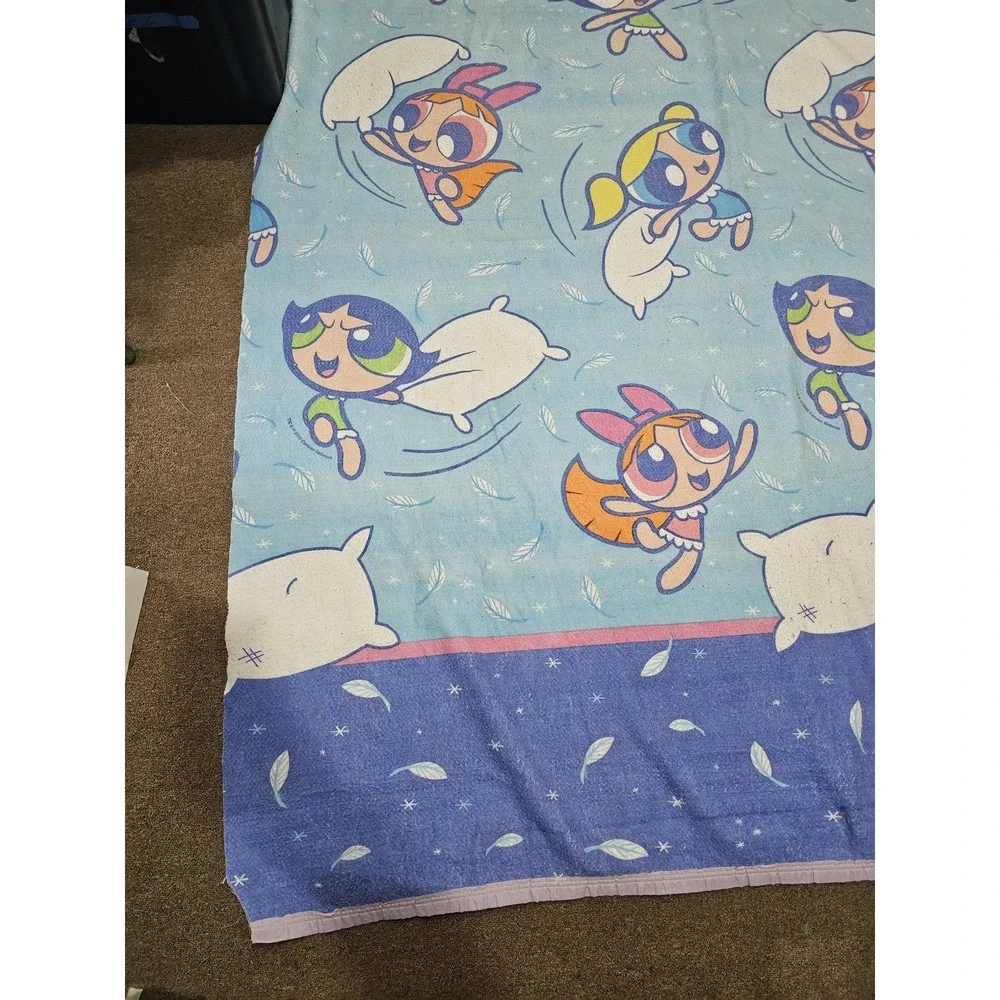 Vintage Cartoon Network Powerpuff Girls Blue Kids ~90x74 Blanket 2000 USA Fabric